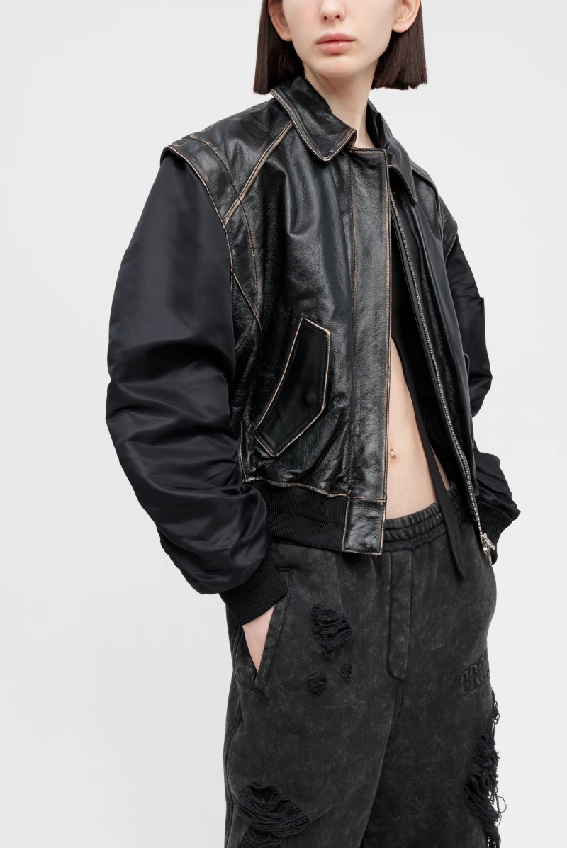 Bubu③ J726 Куртка Juun.J lamb leather ma-1 jumper with woven sleeve black
