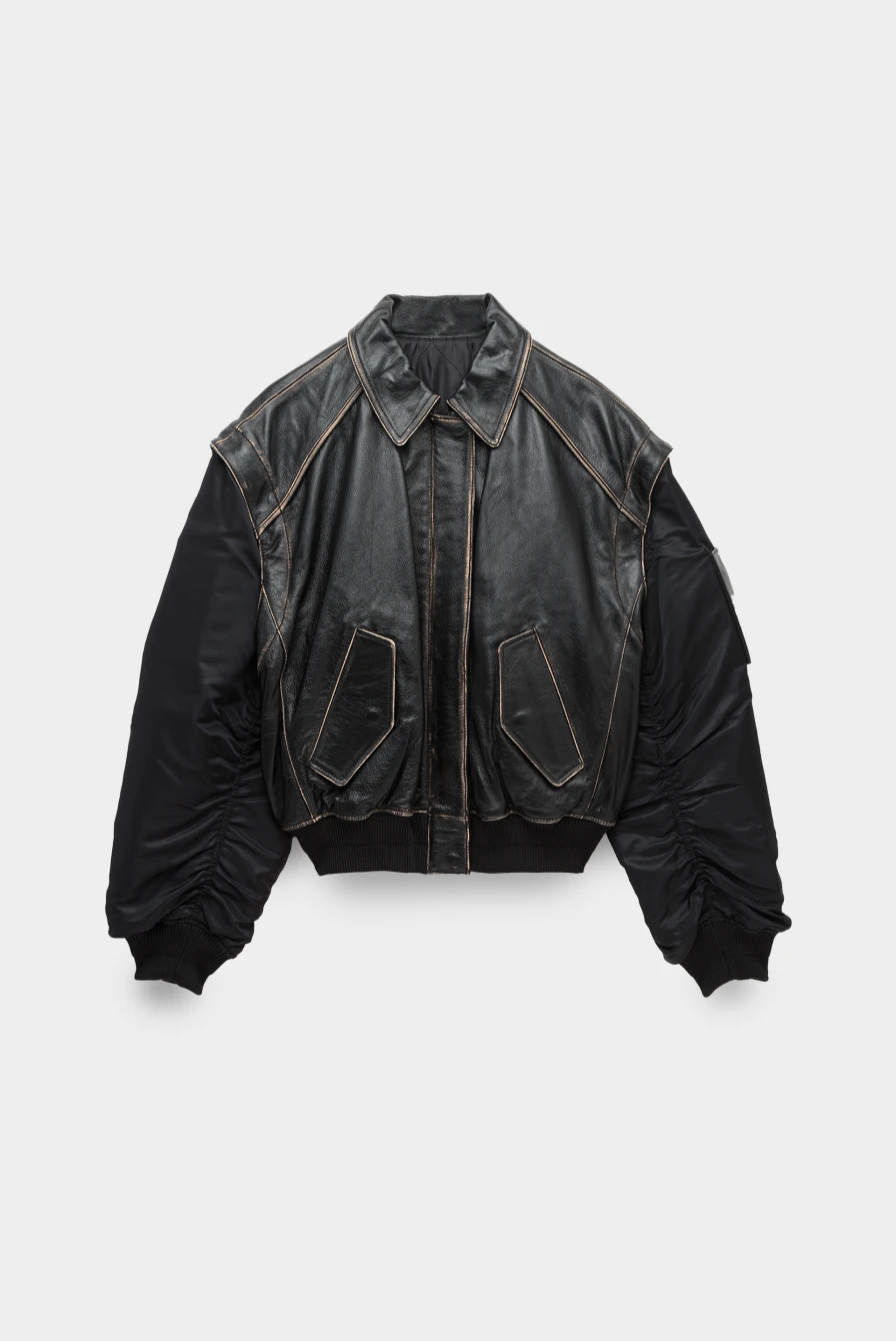 Куртка Juun.J lamb leather ma-1 jumper with woven sleeve black